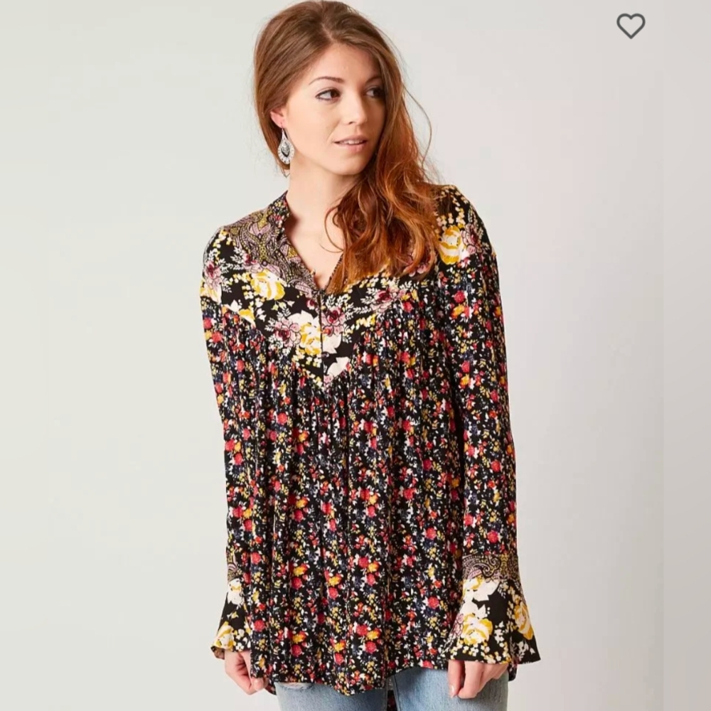Free People Women's XS, Wildflower Fields Oversized Floral Henley Tunic
